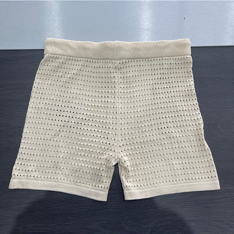 Lässiges, kurzärmliges, hohles Hemd-Shorts-Sport-Zweiteiler-Set mit V-Ausschnitt