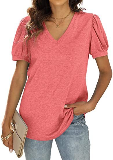 Lässig V-Ausschnitt solide Farbe Puffärmel lockeres T-Shirt für Frauen