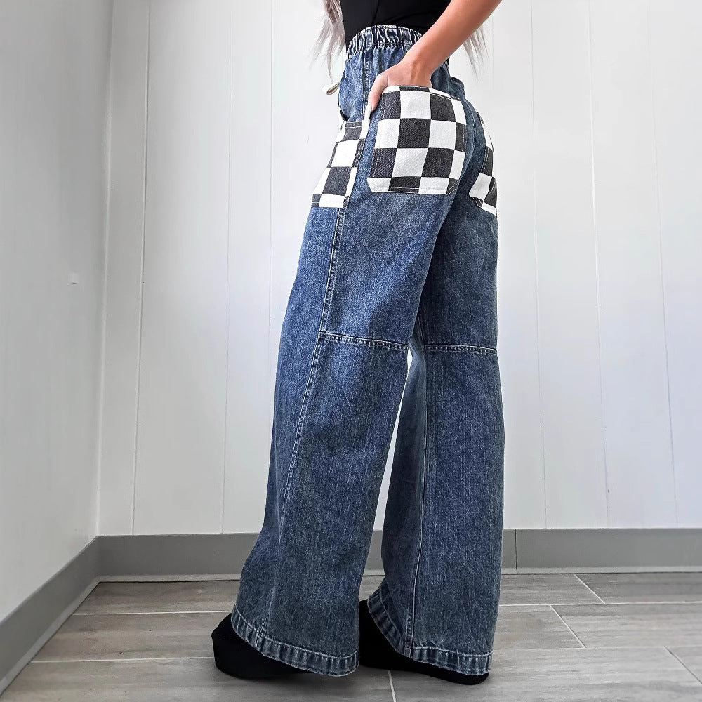 karierte kontrastfarbige Damen-Jeans