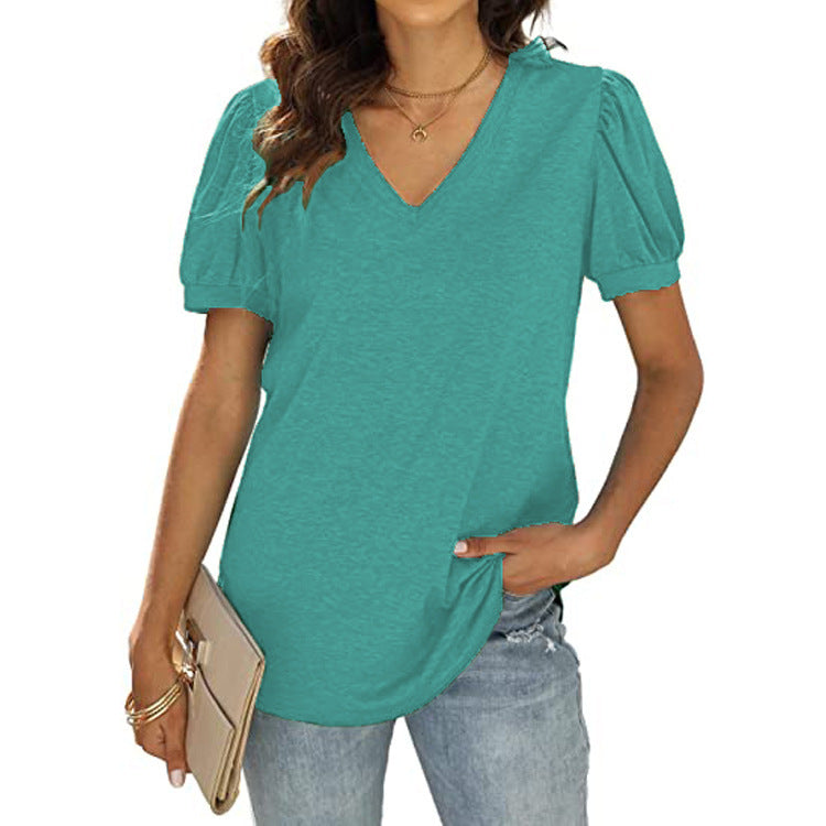 Lässig V-Ausschnitt solide Farbe Puffärmel lockeres T-Shirt für Frauen