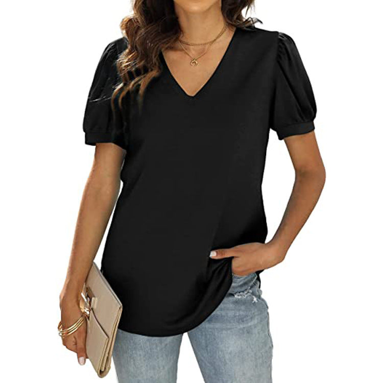 Lässig V-Ausschnitt solide Farbe Puffärmel lockeres T-Shirt für Frauen
