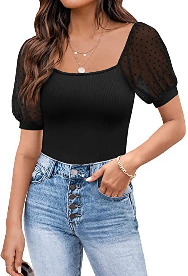 Durchsichtiges, schmales Patchwork-Kurzarmshirt