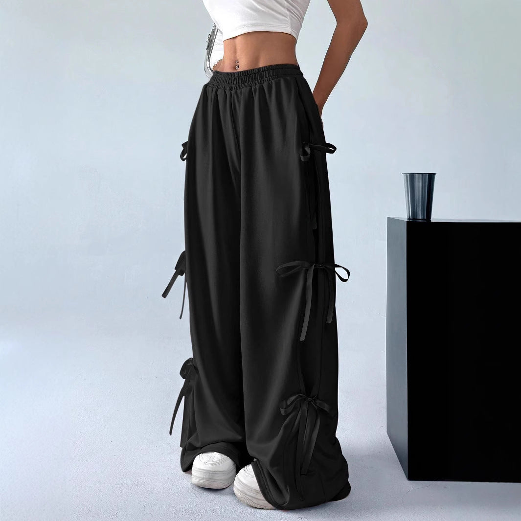 Elastische Taille, einfarbige Schleife, Baggy Hose mit geradem Bein und Schnürung