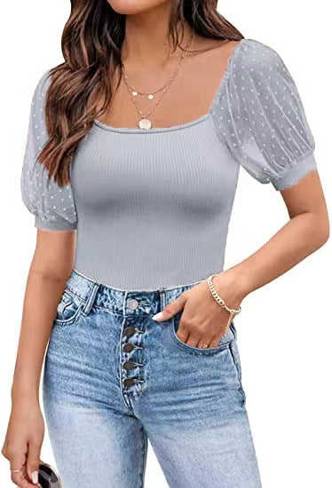 Durchsichtiges, schmales Patchwork-Kurzarmshirt