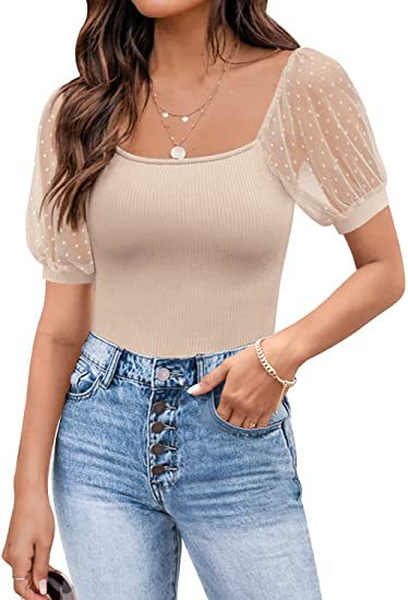 Durchsichtiges, schmales Patchwork-Kurzarmshirt