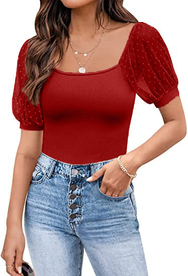 Durchsichtiges, schmales Patchwork-Kurzarmshirt