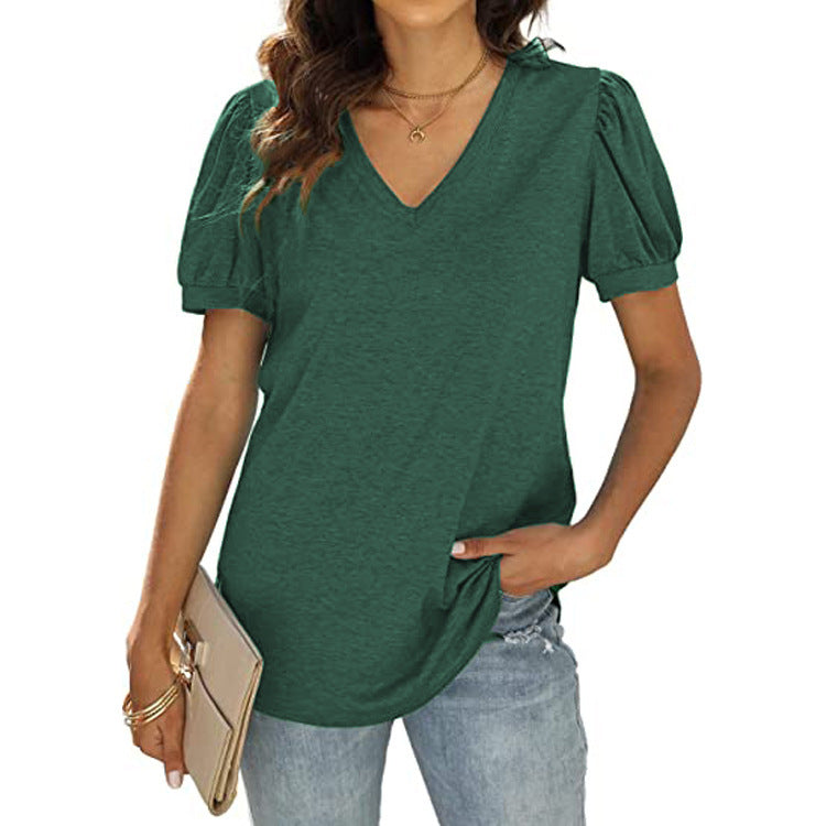 Lässig V-Ausschnitt solide Farbe Puffärmel lockeres T-Shirt für Frauen