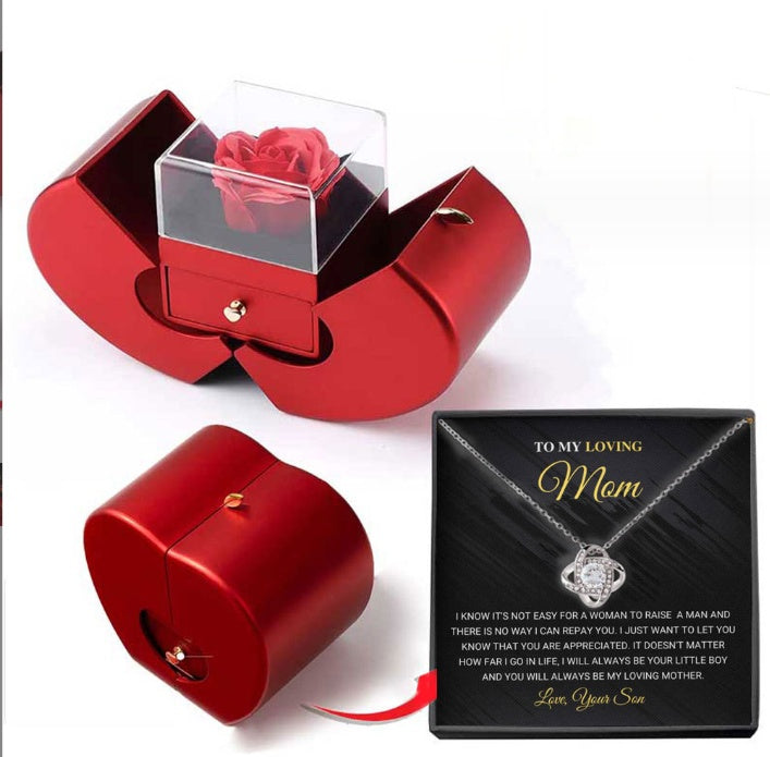 Modische Schmuckschatulle, roter Apfel, Weihnachtsgeschenk, Halskette, ewige Rose für Mädchen, Muttertag, Valentinstag, Geschenke mit künstlicher Blume, Rosenblüten-Schmuckschatulle