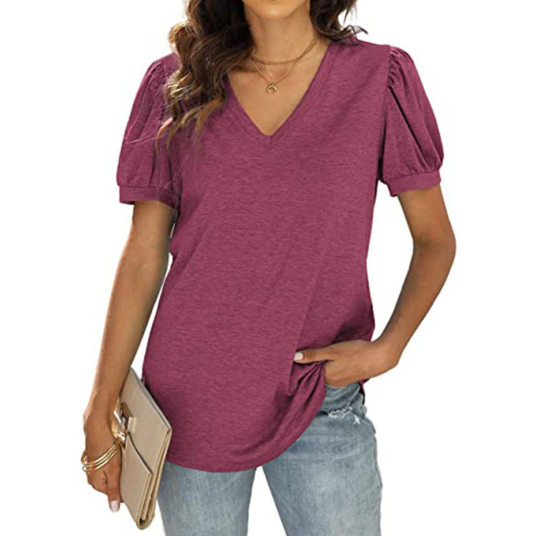 Lässig V-Ausschnitt solide Farbe Puffärmel lockeres T-Shirt für Frauen