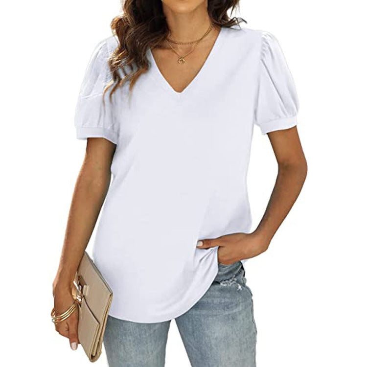 Lässig V-Ausschnitt solide Farbe Puffärmel lockeres T-Shirt für Frauen