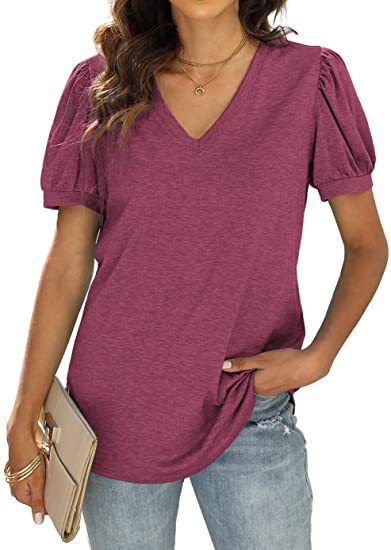 Lässig V-Ausschnitt solide Farbe Puffärmel lockeres T-Shirt für Frauen