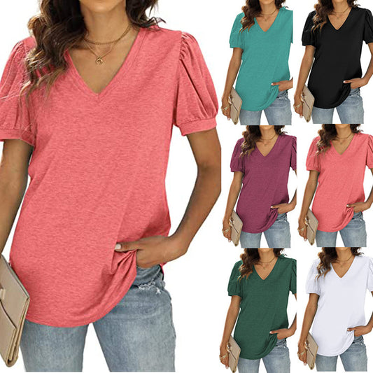 Lässig V-Ausschnitt solide Farbe Puffärmel lockeres T-Shirt für Frauen