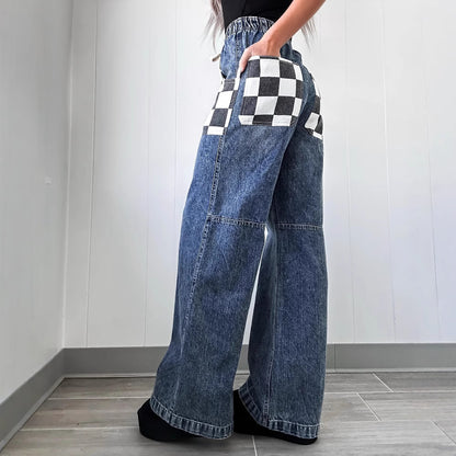 karierte kontrastfarbige Damen-Jeans