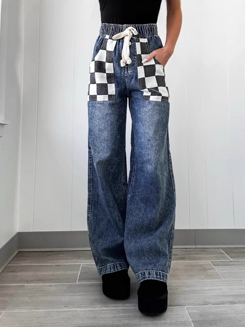 karierte kontrastfarbige Damen-Jeans