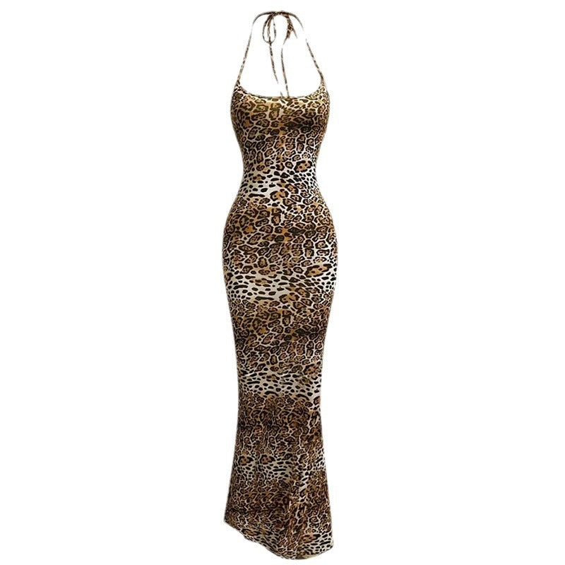 Spaghettiträger, Leopardenmuster, schmale Passform, freiliegender Rücken Kleid