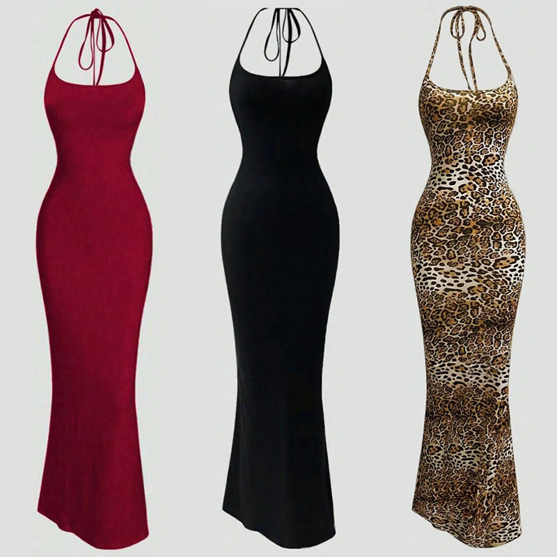 Spaghettiträger, Leopardenmuster, schmale Passform, freiliegender Rücken Kleid