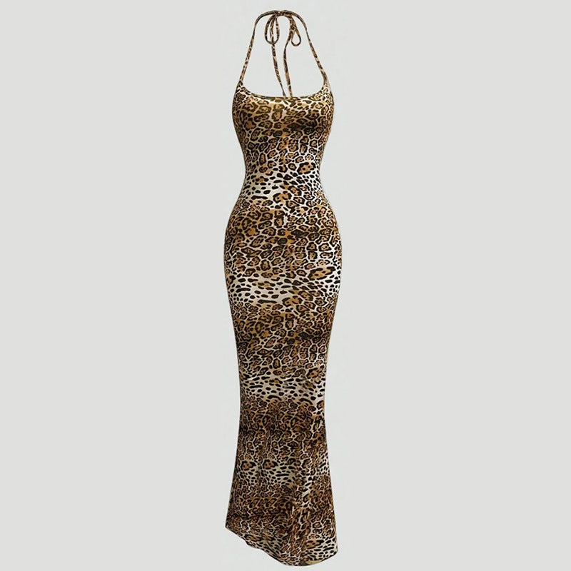 Spaghettiträger, Leopardenmuster, schmale Passform, freiliegender Rücken Kleid