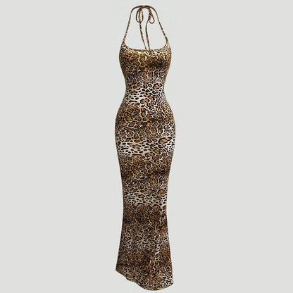 Spaghettiträger, Leopardenmuster, schmale Passform, freiliegender Rücken Kleid