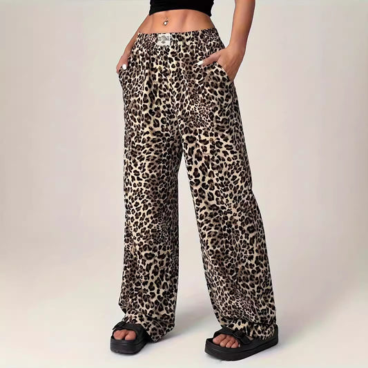 Hose mit Leopardenmuster, lockere Hose mit weitem Bein für Damen