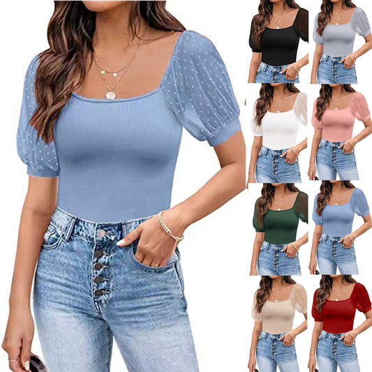 Durchsichtiges, schmales Patchwork-Kurzarmshirt