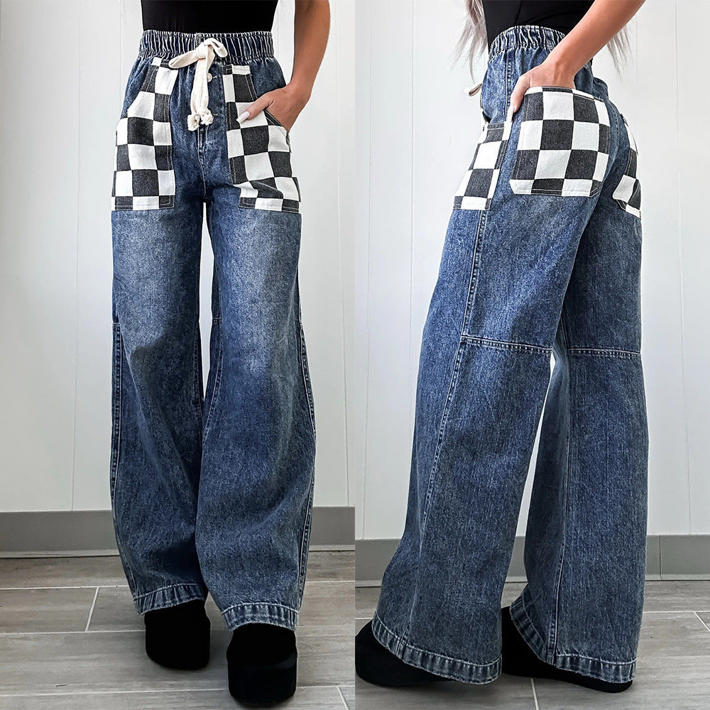 karierte kontrastfarbige Damen-Jeans