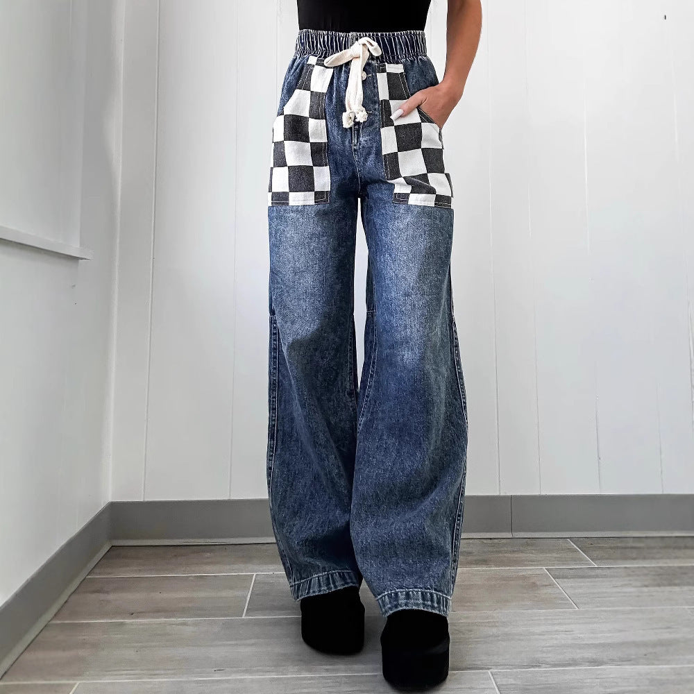 karierte kontrastfarbige Damen-Jeans